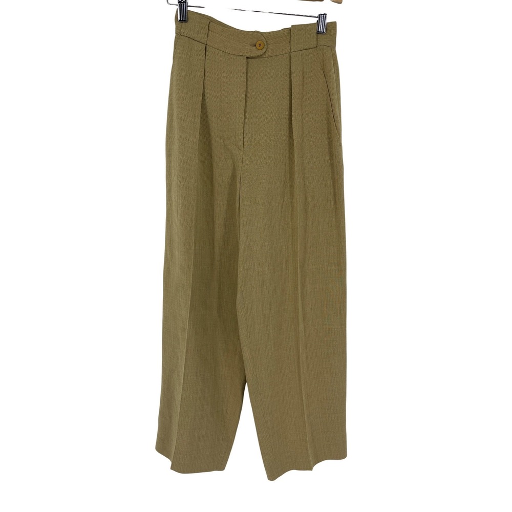 Giorgio Armani Le Collezioni Tan Herringbone Wool Pleated Wide Leg Pants vintage